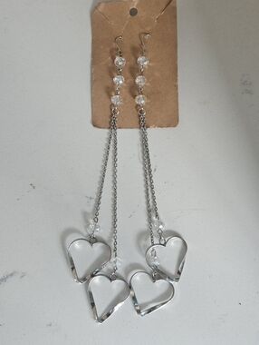 Vintage New Old Stock Crystal Heart Drop Earrings Clear/Silver 8"